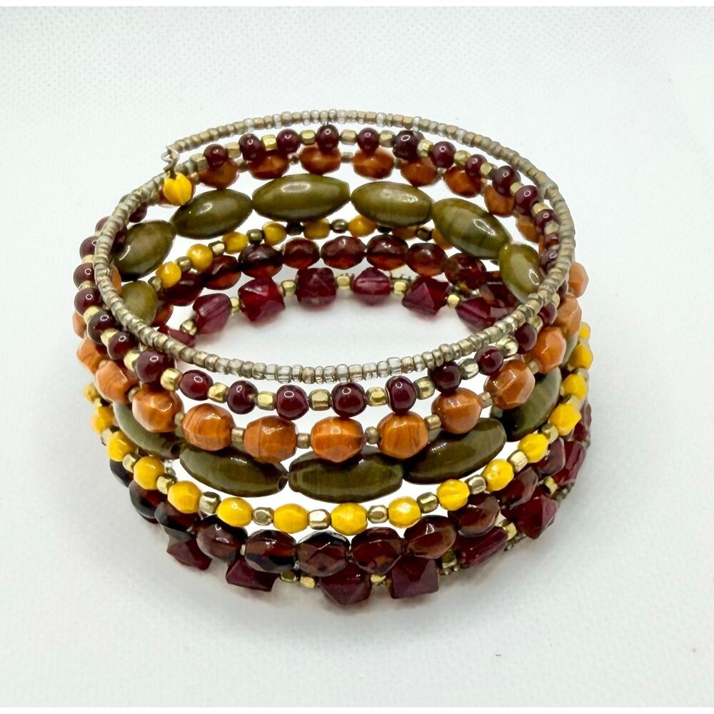 Multi-Color Glass and Seed Bead Memory Wire Wrap Bracelet